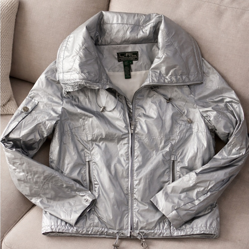 Ralph Lauren Women M Silver Foil Metallic Hooded Jacket Windbreaker Lightweight - Picture 8 of 8